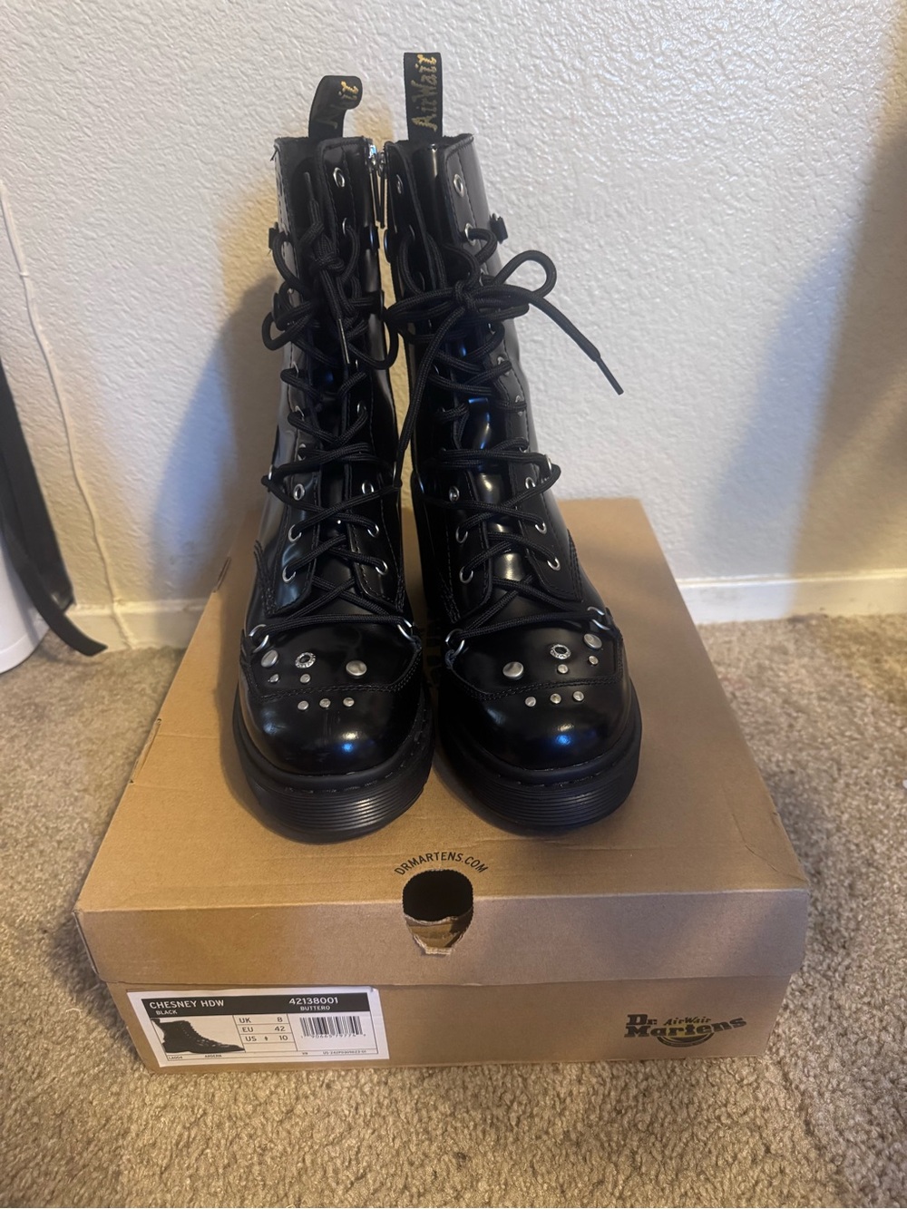 Dr . Marten s Black Lace-Up Combat Boots with Silver Stud Accents